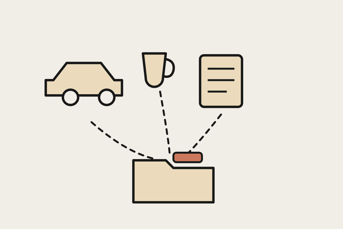 Notebook illustration of a car, a coffee cup and a logbook funnelling into a single tidy folder with a terracotta tab
