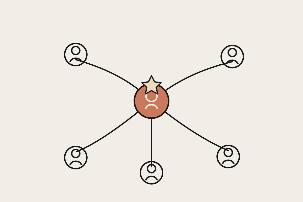 Notebook illustration of a central champion figure with a terracotta badge connected to team members around them