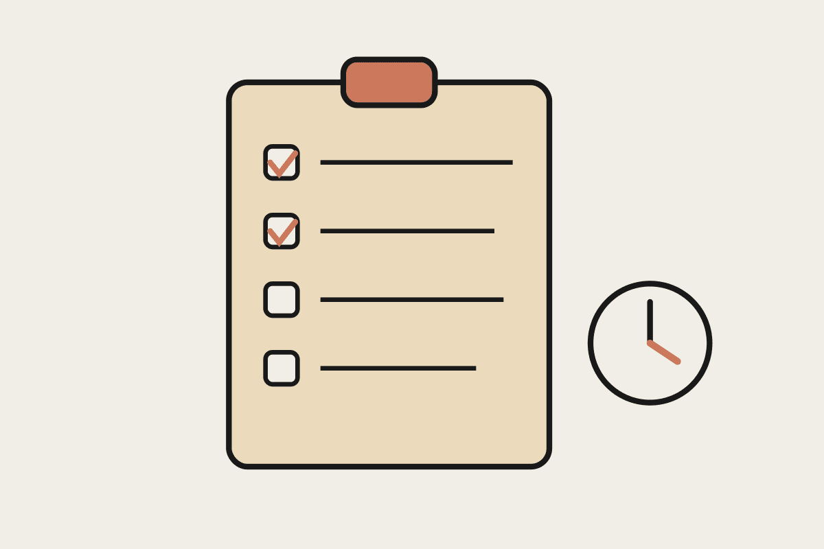 Notebook illustration of a checklist page with terracotta ticks and a small clock pointing to mid-year