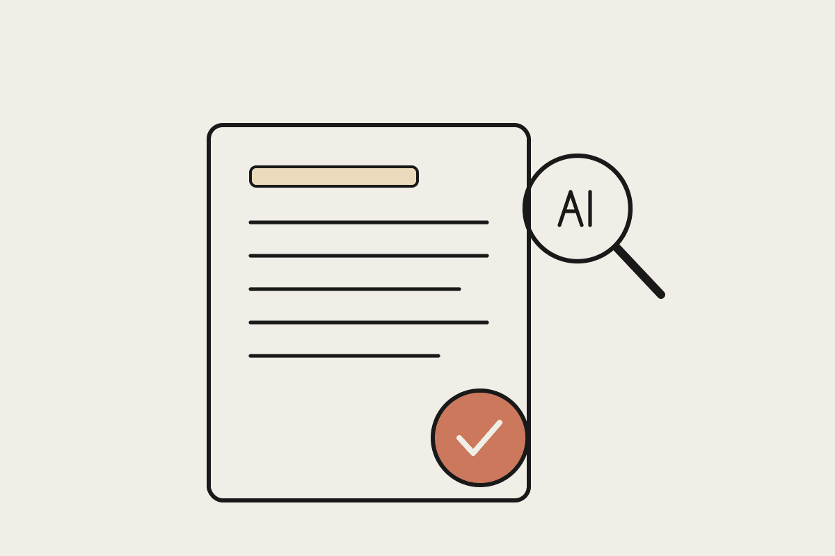 Notebook illustration of a client disclosure document with a terracotta transparency seal and a magnifier over an AI mark