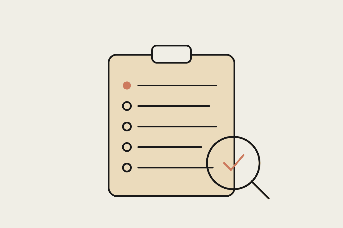 Notebook illustration of a clipboard media list with a magnifying glass and a terracotta checkmark