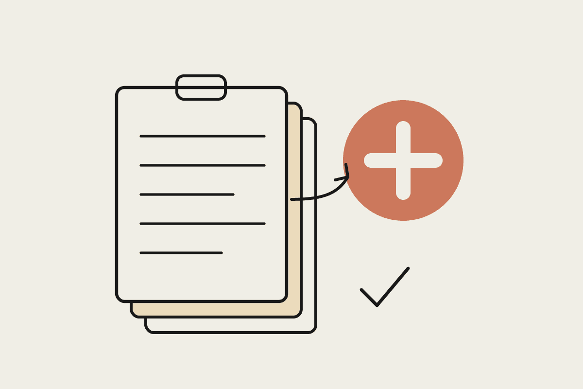 Notebook illustration of a clipboard of admin paperwork beside a terracotta health cross badge