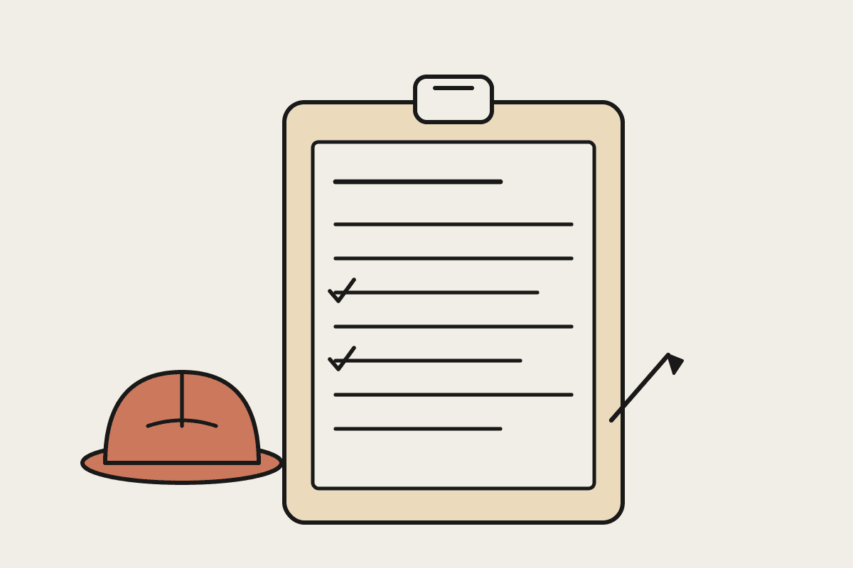 Notebook illustration of a construction site diary on a clipboard beside a hard hat and pen