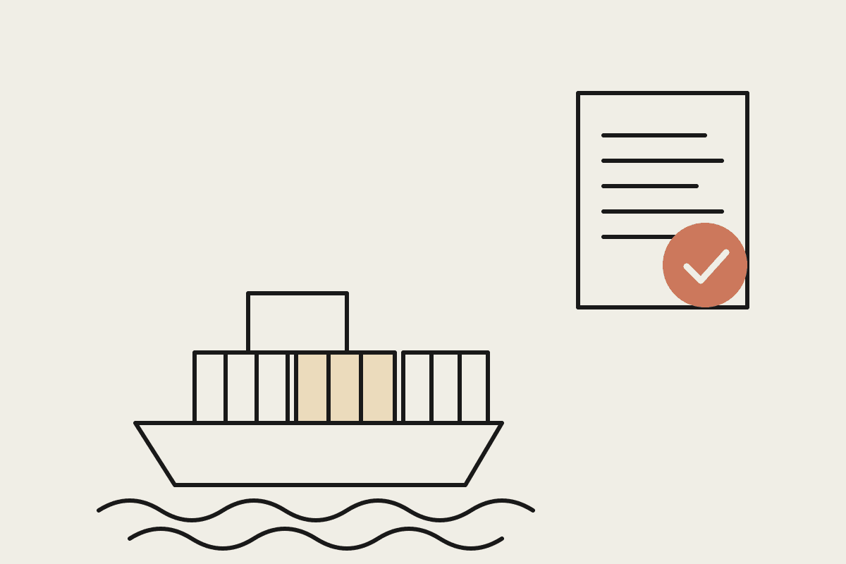 Notebook illustration of a container ship beside a customs document stamped cleared