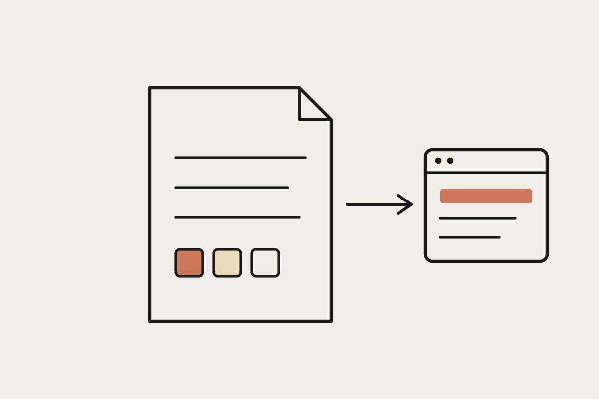 Notebook illustration of a DESIGN.md file with colour swatches feeding an on-brand web layout