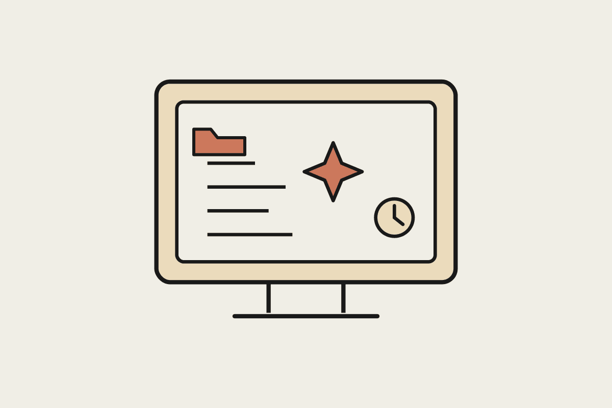 Notebook illustration of a desktop monitor showing a client folder tree with a terracotta spark beside it