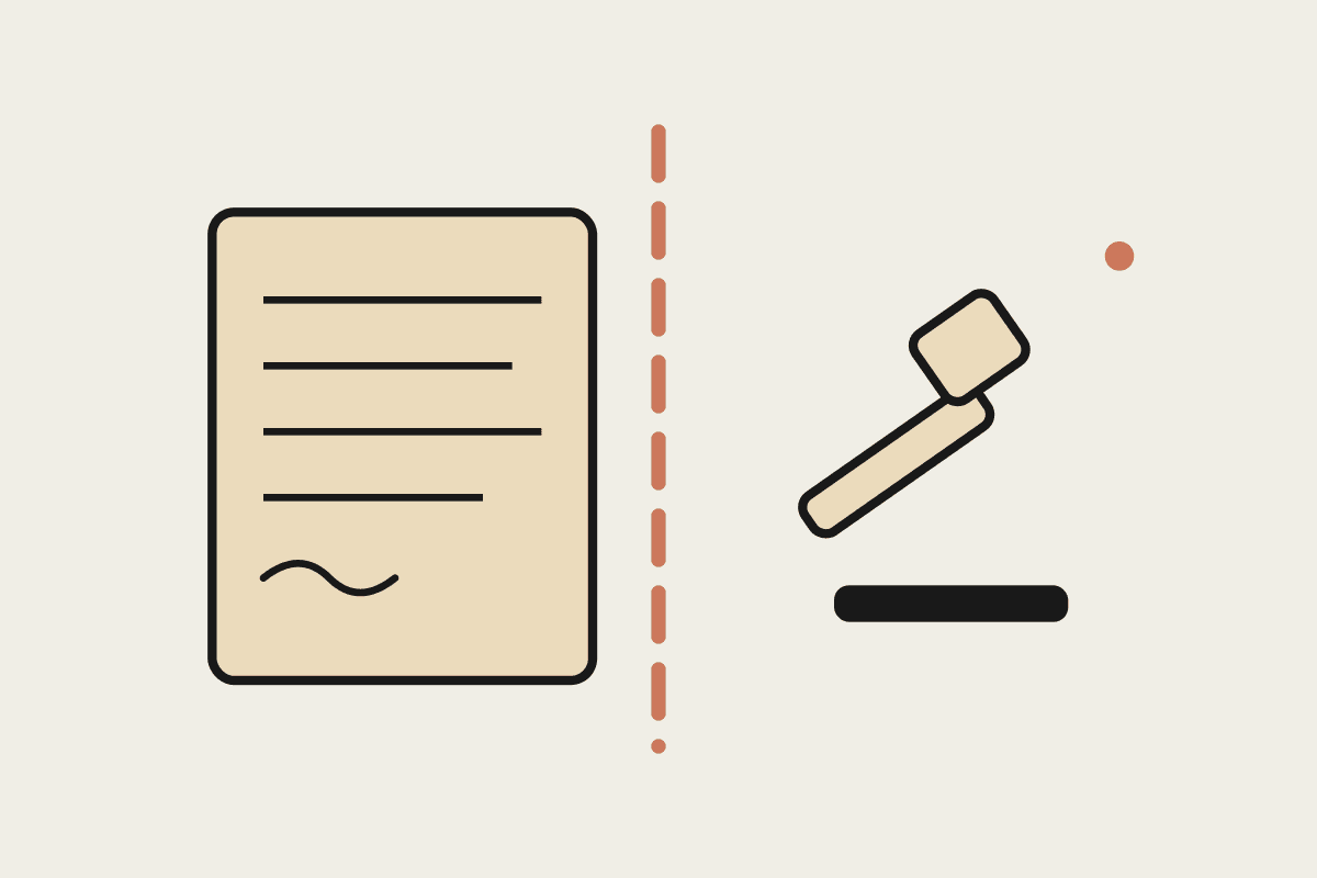 Notebook illustration of a document and a gavel separated by a clear terracotta boundary line