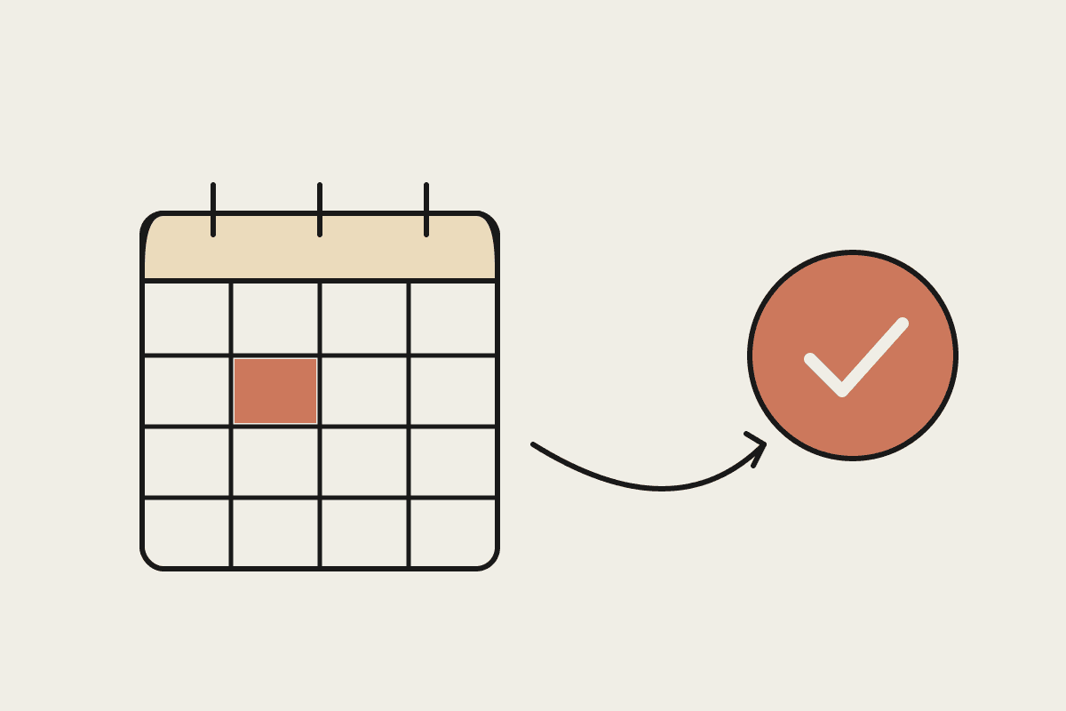 Notebook illustration of a February calendar with a highlighted start date and an arrow leading to a terracotta June payoff coin with a tick