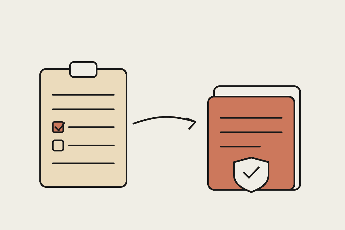Notebook illustration of a field clipboard flowing into a tidy compliance folder with a checkmark shield
