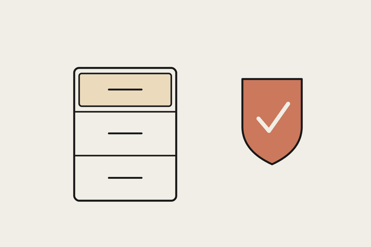 Notebook illustration of a filing cabinet beside a shield with a tick, representing AI governance certification