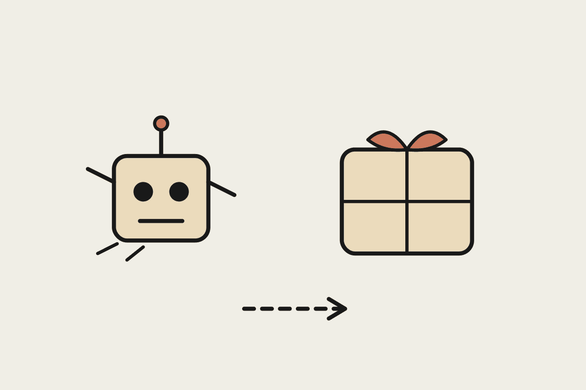 Notebook illustration of a hand-built robot beside a neat boxed robot with a terracotta bow, on cream paper