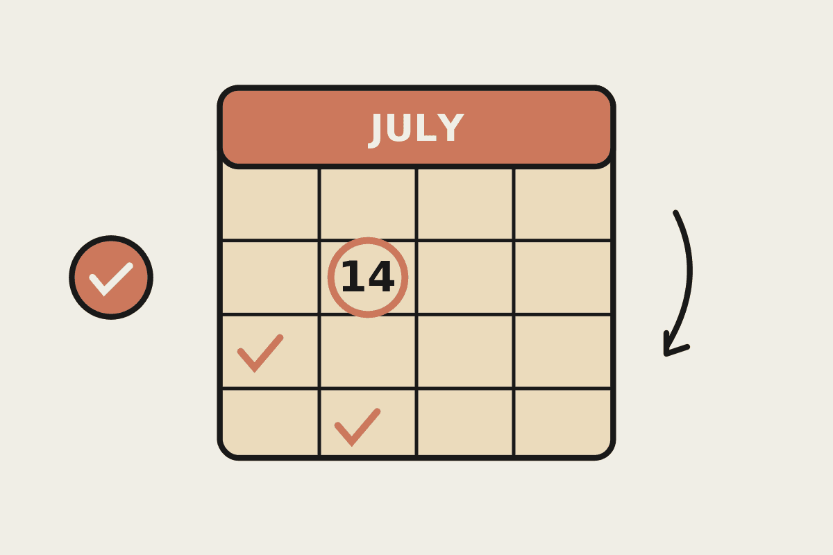 Notebook illustration of a July calendar page with the 14th circled and payroll reconciliation ticks