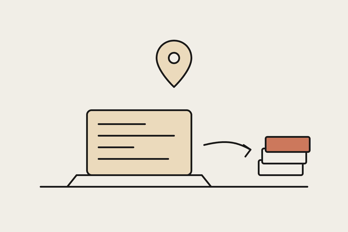 Notebook illustration of a laptop on a desk with a Darwin location pin above and a neat stack of finished papers beside it