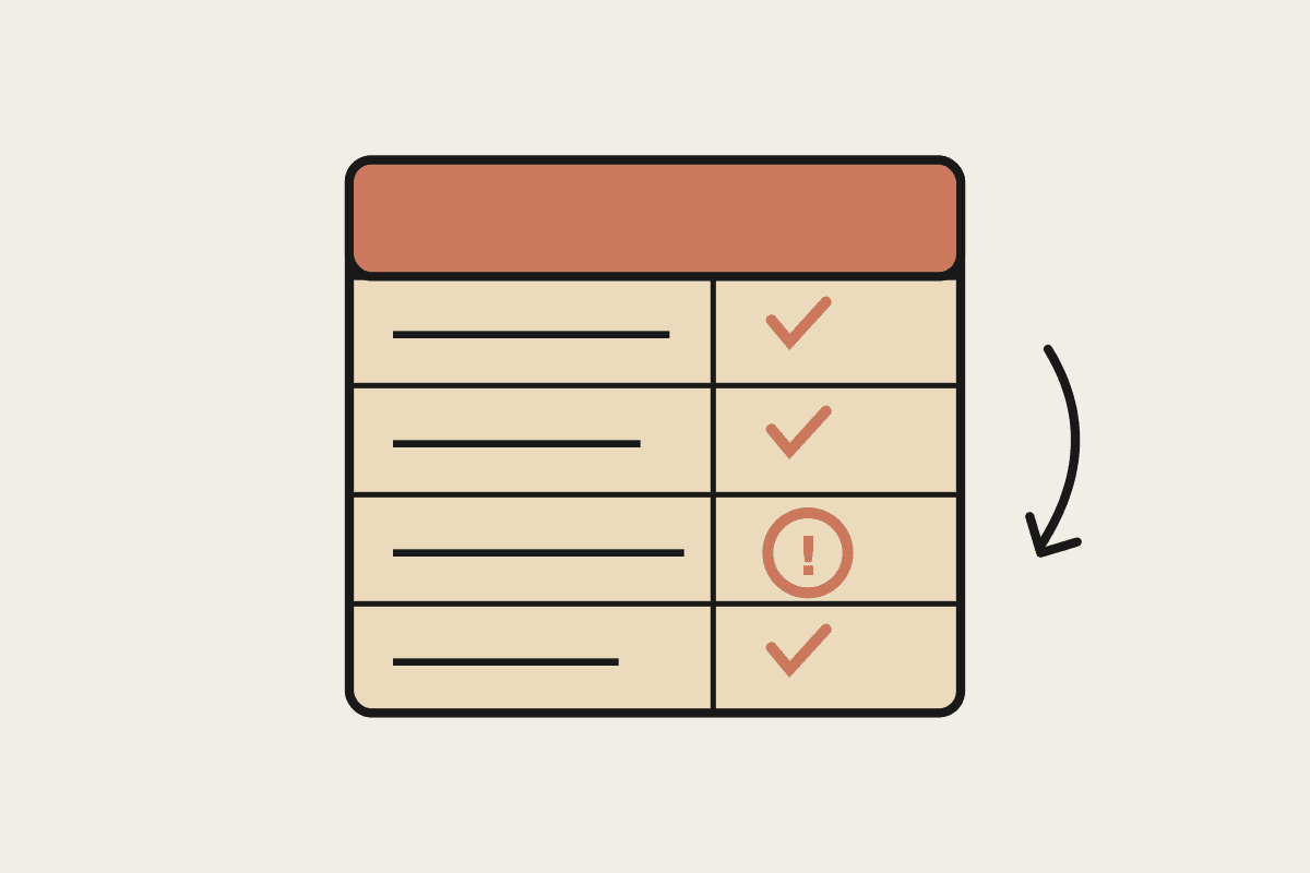 Notebook illustration of a ledger grid with terracotta ticks and one flagged exception cell