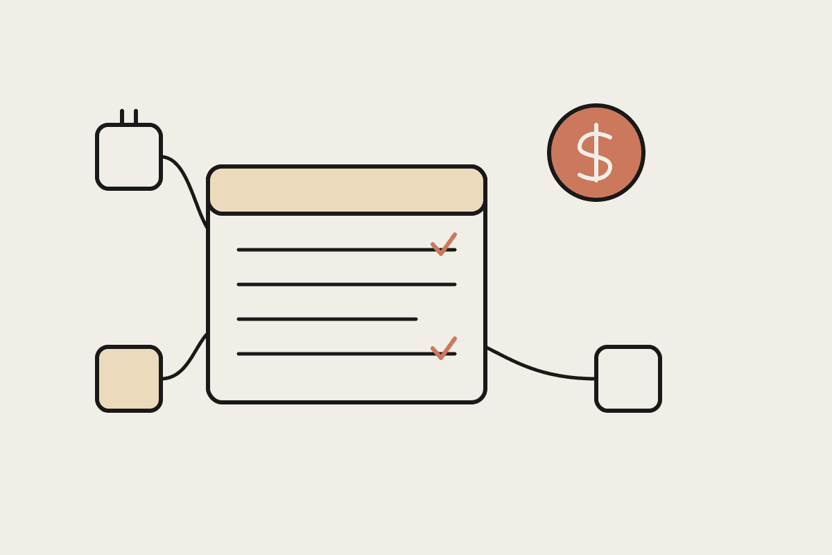 Notebook illustration of a ledger with terracotta check marks, a dollar coin, and connected plugin blocks
