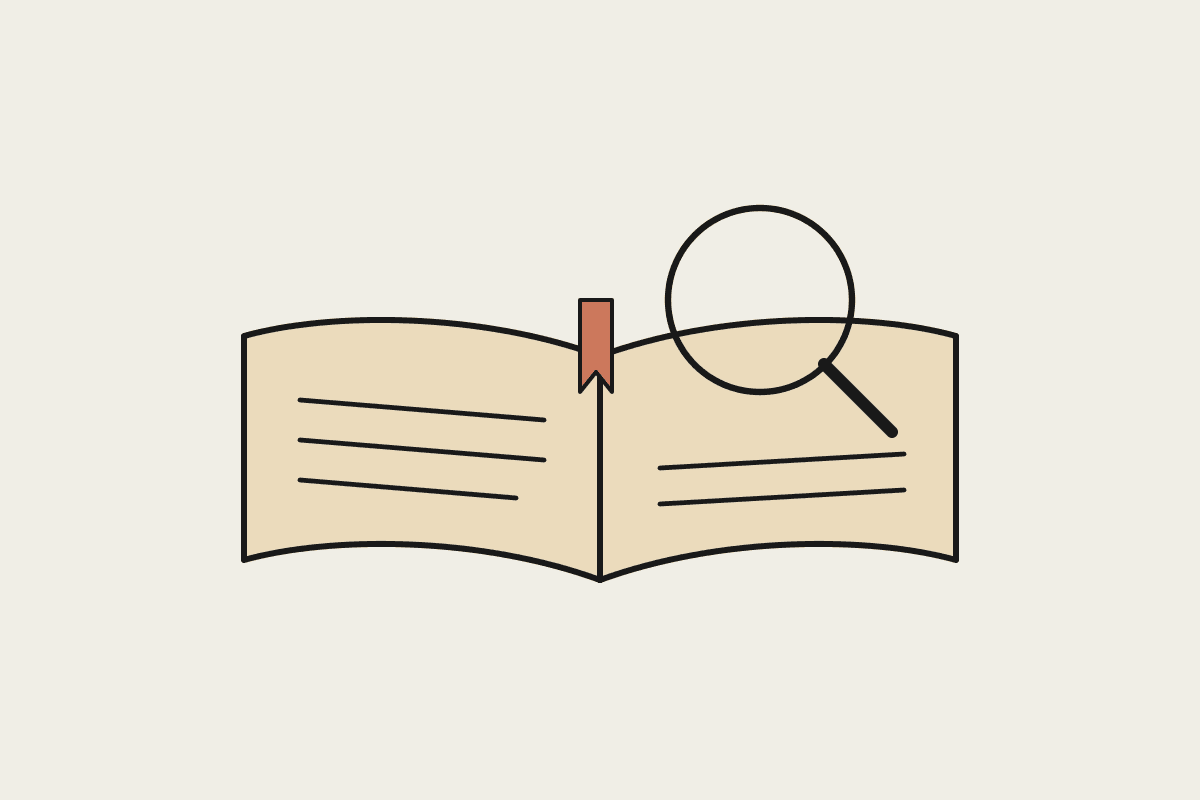Notebook illustration of a magnifying glass examining an open law book with a terracotta bookmark marking a risky passage