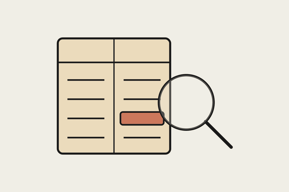 Notebook illustration of a magnifying glass over ledger columns revealing one terracotta mismatched cell