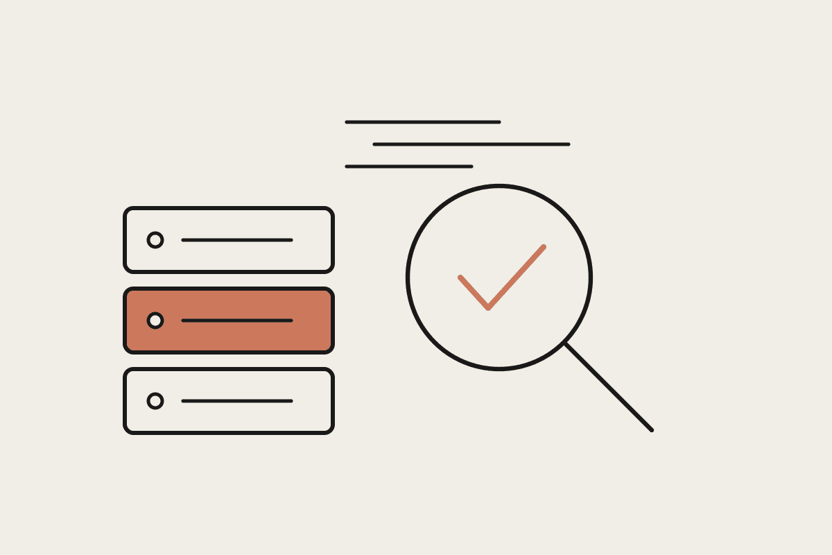 Notebook illustration of a magnifying glass reviewing a stack of infrastructure blocks with a terracotta checkmark