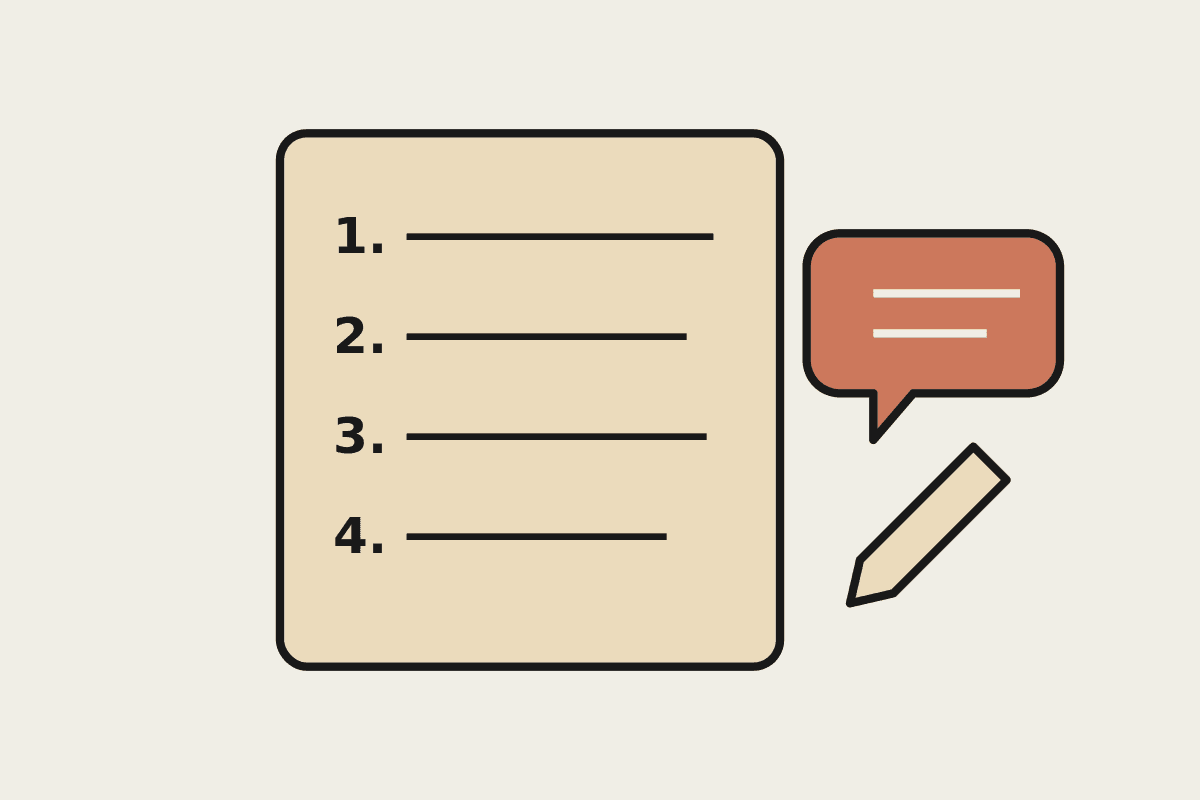Notebook illustration of a numbered list page with a terracotta speech bubble and a pencil