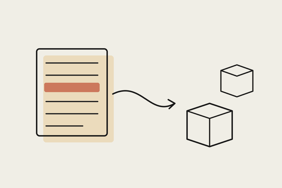 Notebook illustration of a price list sheet with a highlighted row feeding into stacked distribution cartons