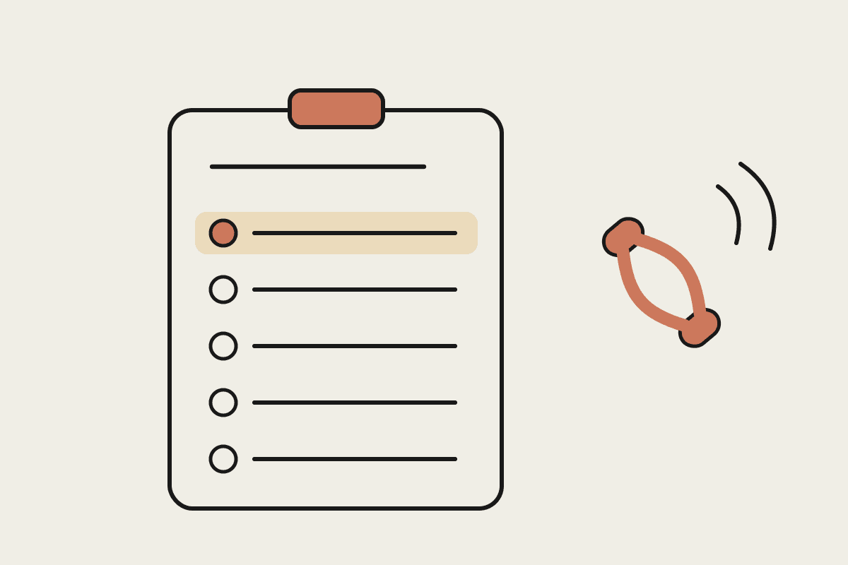 Notebook illustration of a ranked lead list with the top lead highlighted in terracotta beside a phone handset