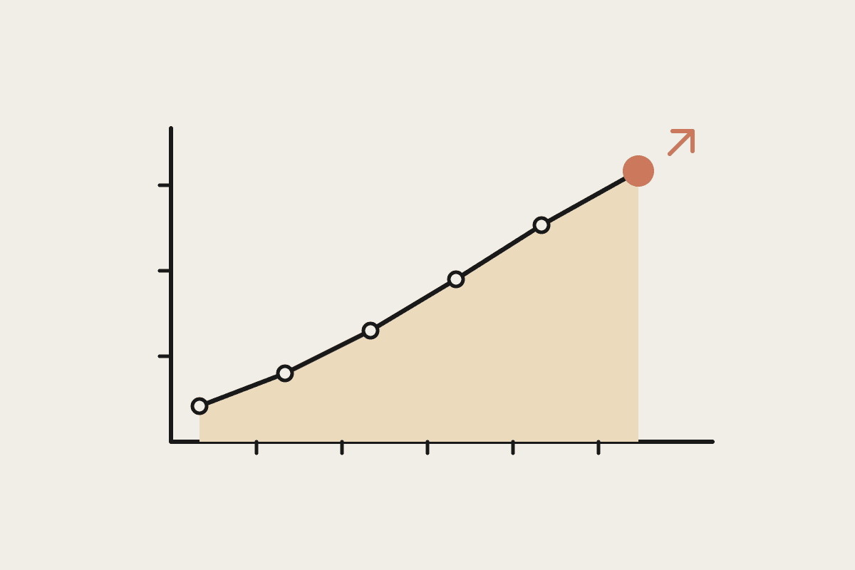 Notebook illustration of a rising adoption line chart with a highlighted terracotta endpoint and upward arrow