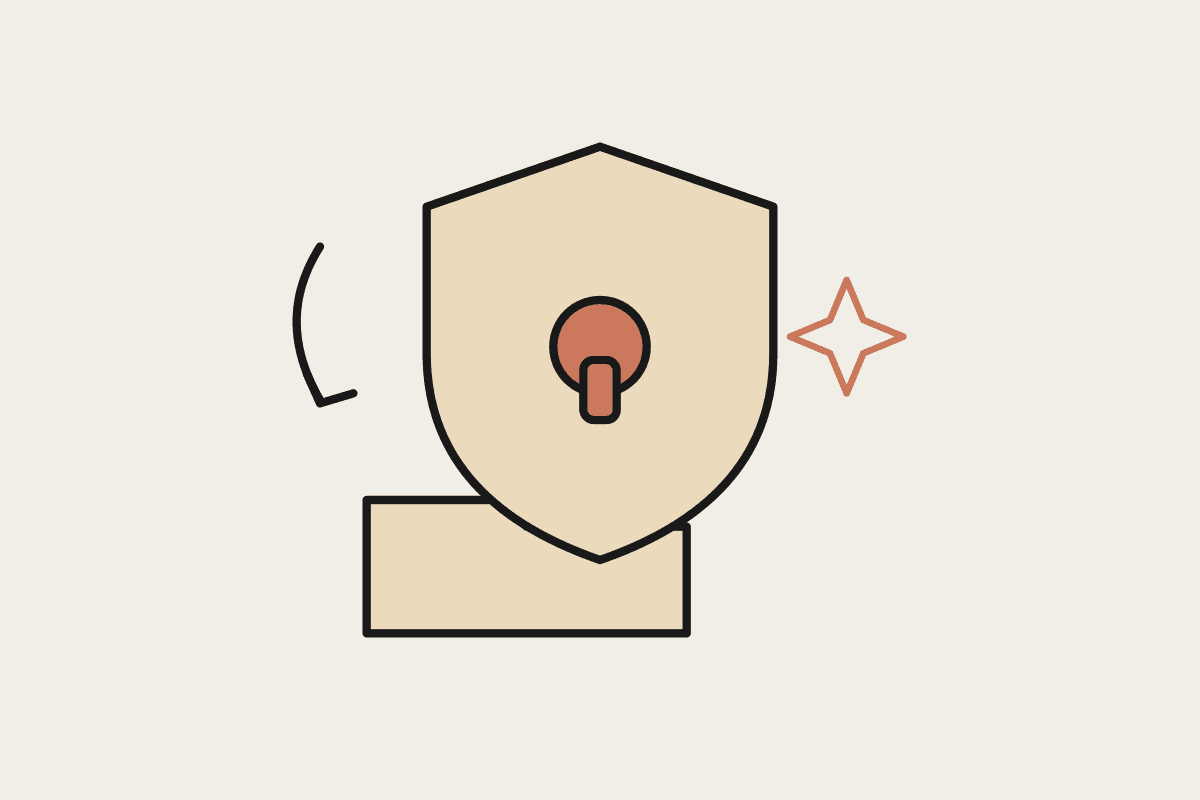 Notebook illustration of a shield with a keyhole over a client folder, drawn in ink with a terracotta accent