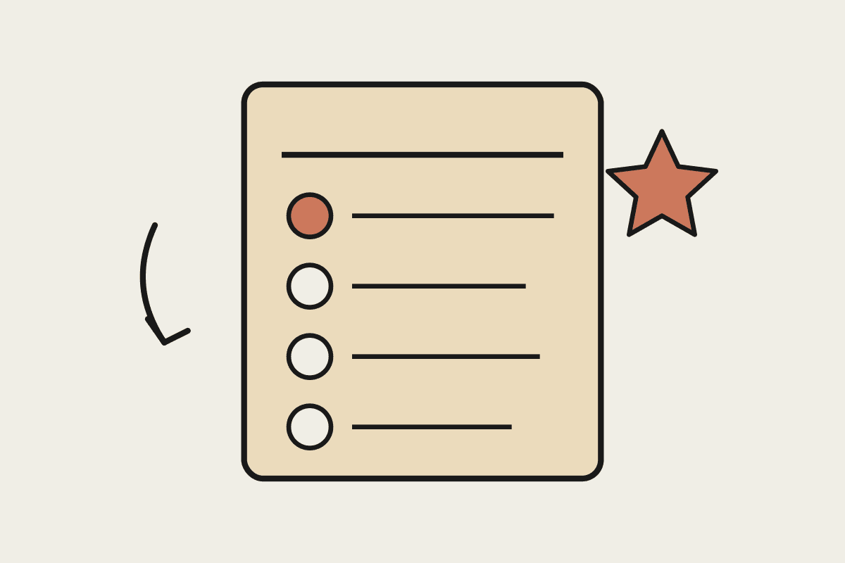Notebook illustration of a shortlist page with ranked entries, the top one marked with a terracotta star