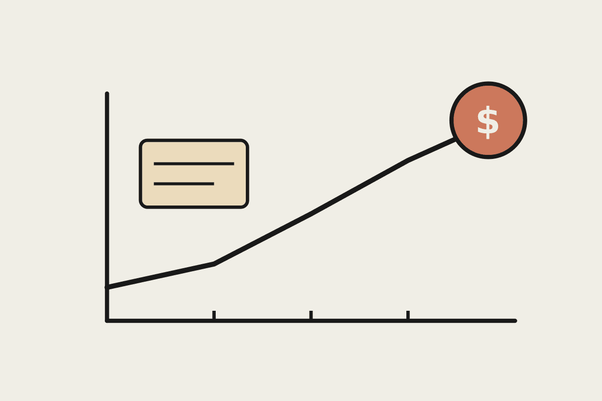 Notebook illustration of a simple balance ledger with a rising line ending in a terracotta dollar coin