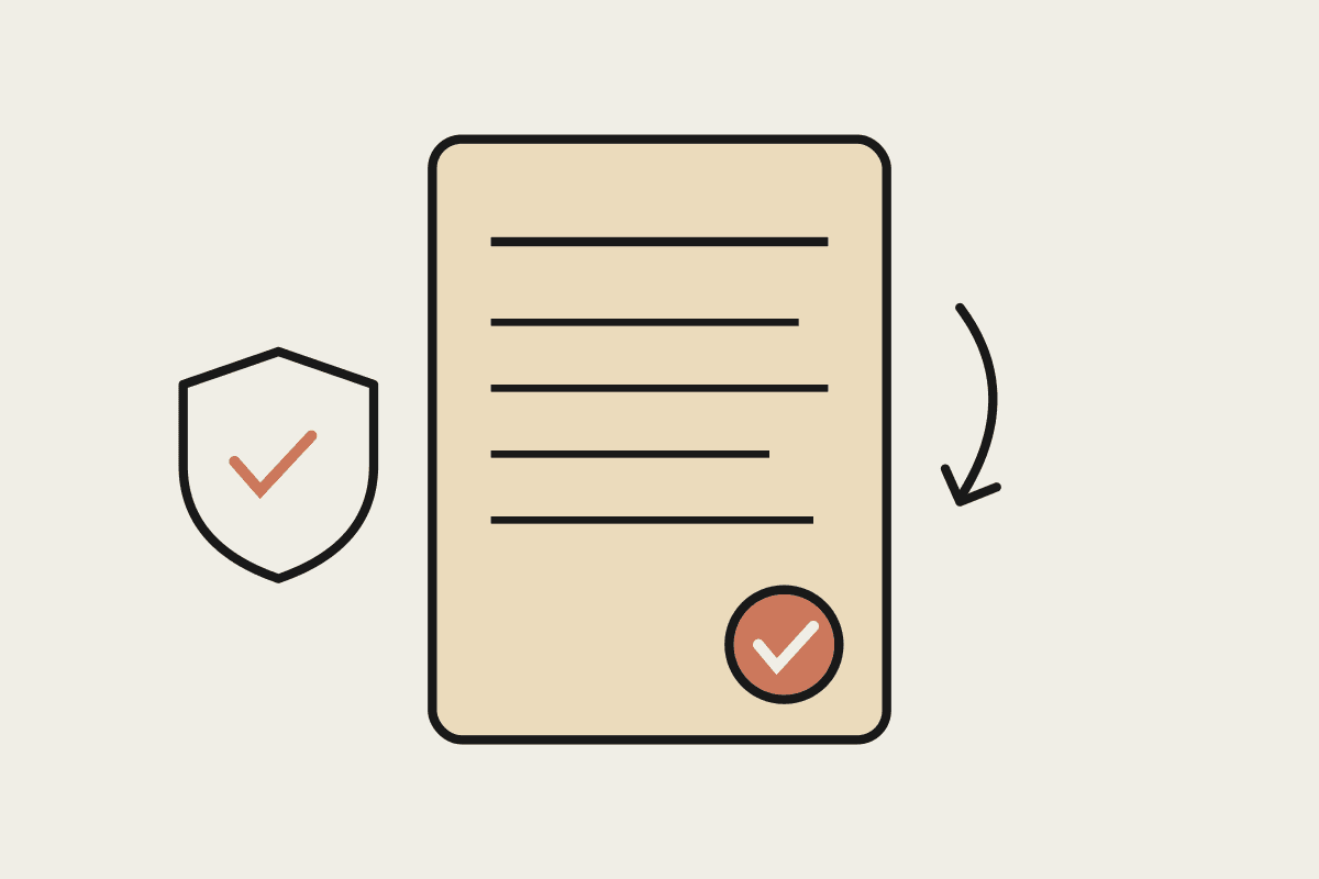 Notebook illustration of a single policy page with a terracotta seal and a small shield beside it