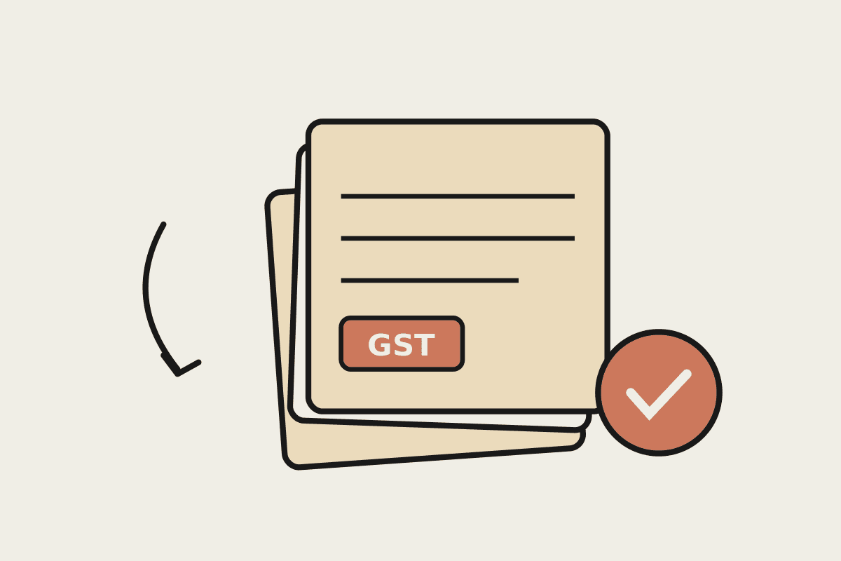Notebook illustration of a stack of BAS workpapers with a GST label and a terracotta tick of approval