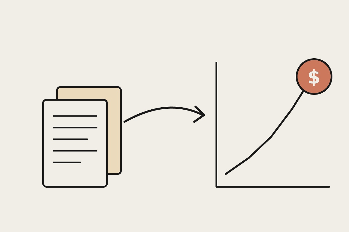 Notebook illustration of a stack of bookkeeping records turning into a rising advisory value chart topped with a dollar coin