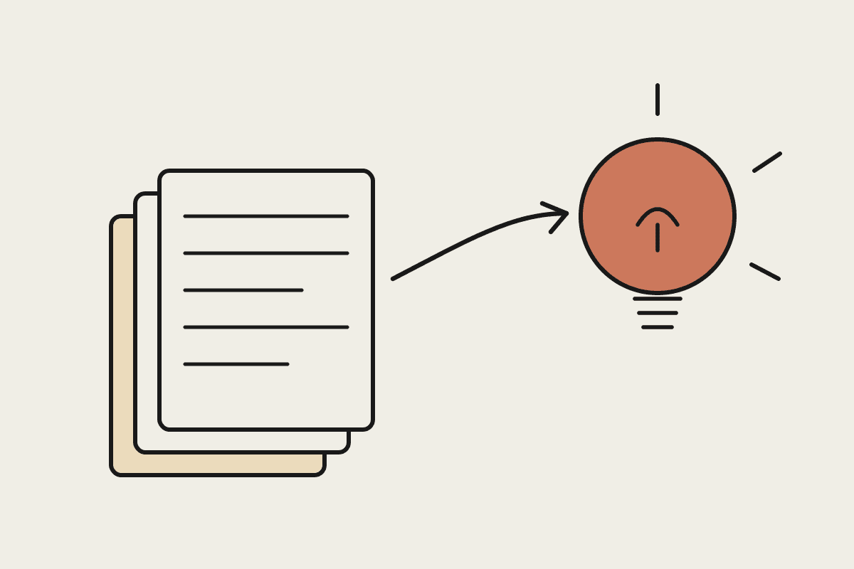 Notebook illustration of a stack of compliance ledgers flowing into a lit idea bulb, showing data turned into advice.