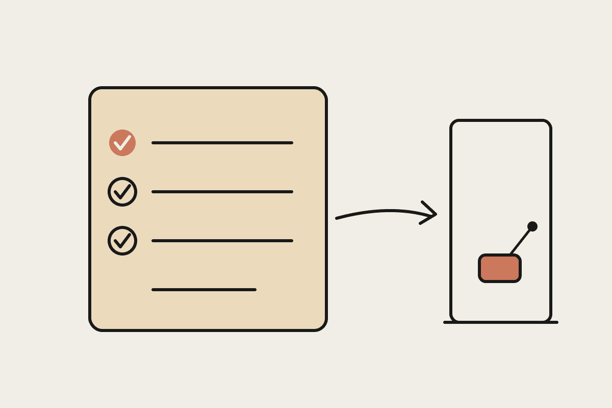 Notebook illustration of a ticked-off checklist of business records beside a door with a handover tag, showing a trade business prepared for sale.