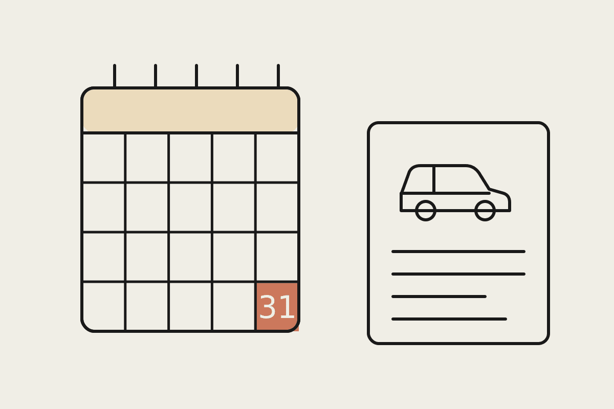 Notebook illustration of a wall calendar with 31 March highlighted in terracotta beside an FBT return page showing a car benefit