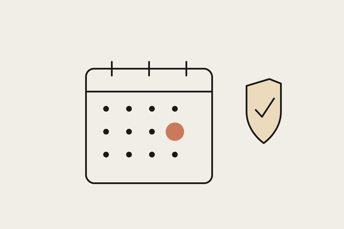 Notebook illustration of a wall calendar with a December date circled in terracotta beside a compliance shield with a tick