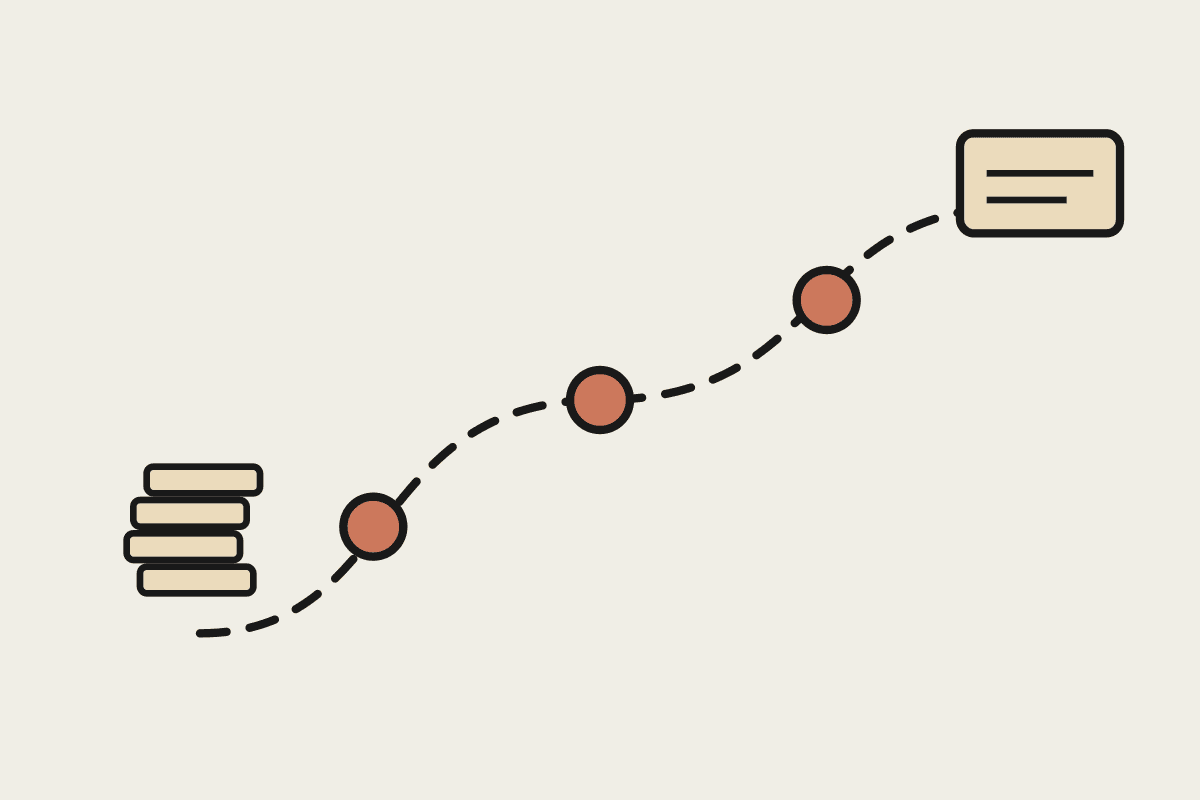 Notebook illustration of a winding path from a tall stack of papers to a tidy desk, marked with three terracotta milestones