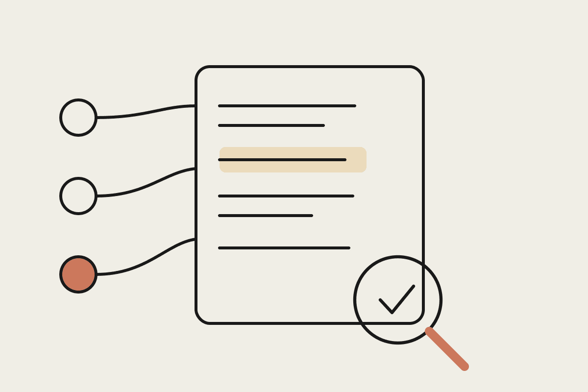 Notebook illustration of an API schema being reviewed under a magnifying glass, with endpoint nodes wired into the contract