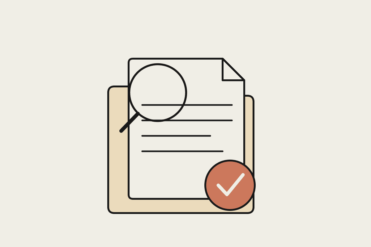Notebook illustration of an audit client pack with a review magnifier and a terracotta approval tick