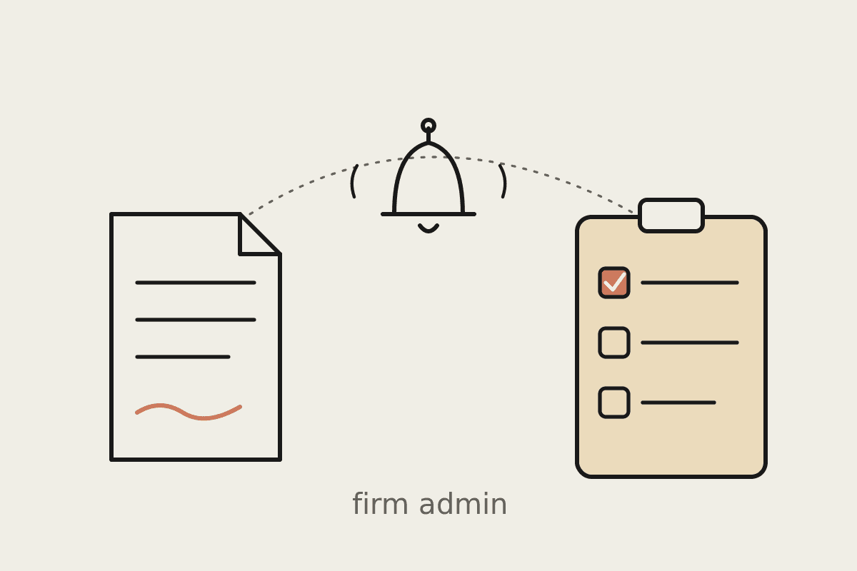 Notebook illustration of an engagement letter, a reminder bell, and a lodgement checklist with one item ticked