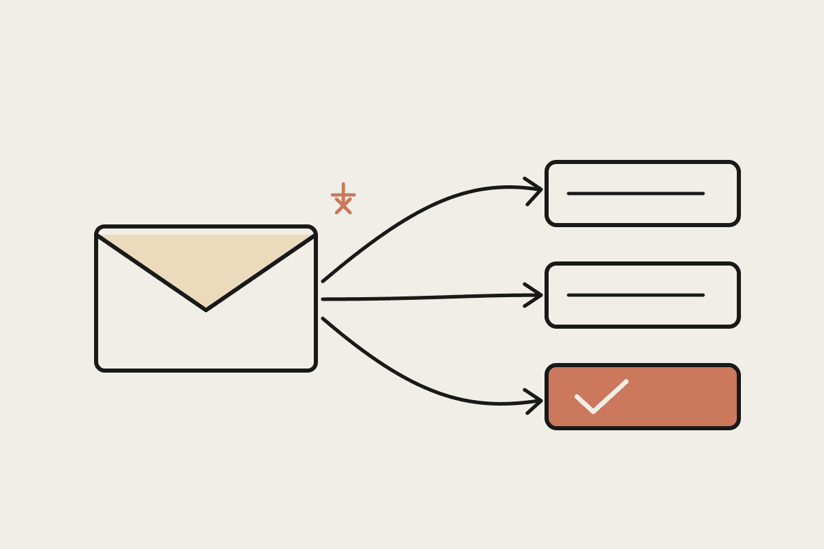 Notebook illustration of an envelope sorted by AI into three trays, one filled terracotta for handled automatically