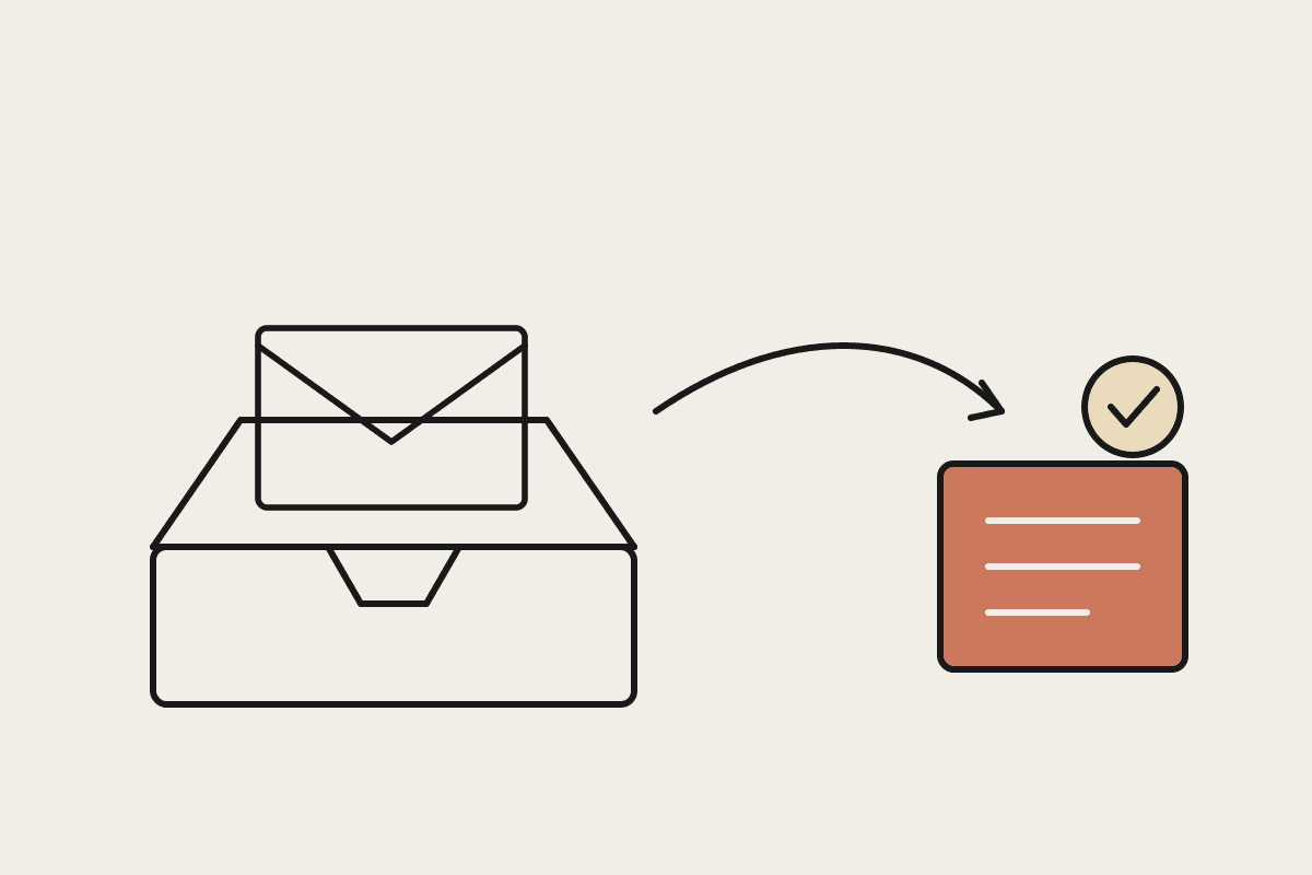 Notebook illustration of an inbox tray with an envelope flowing into a terracotta stack of drafted replies with a tick