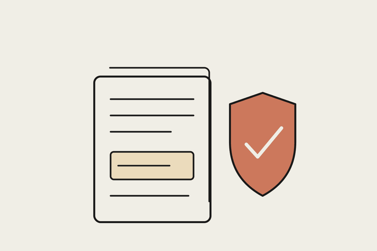 Notebook illustration of an insurance renewal document beside a terracotta shield with a tick