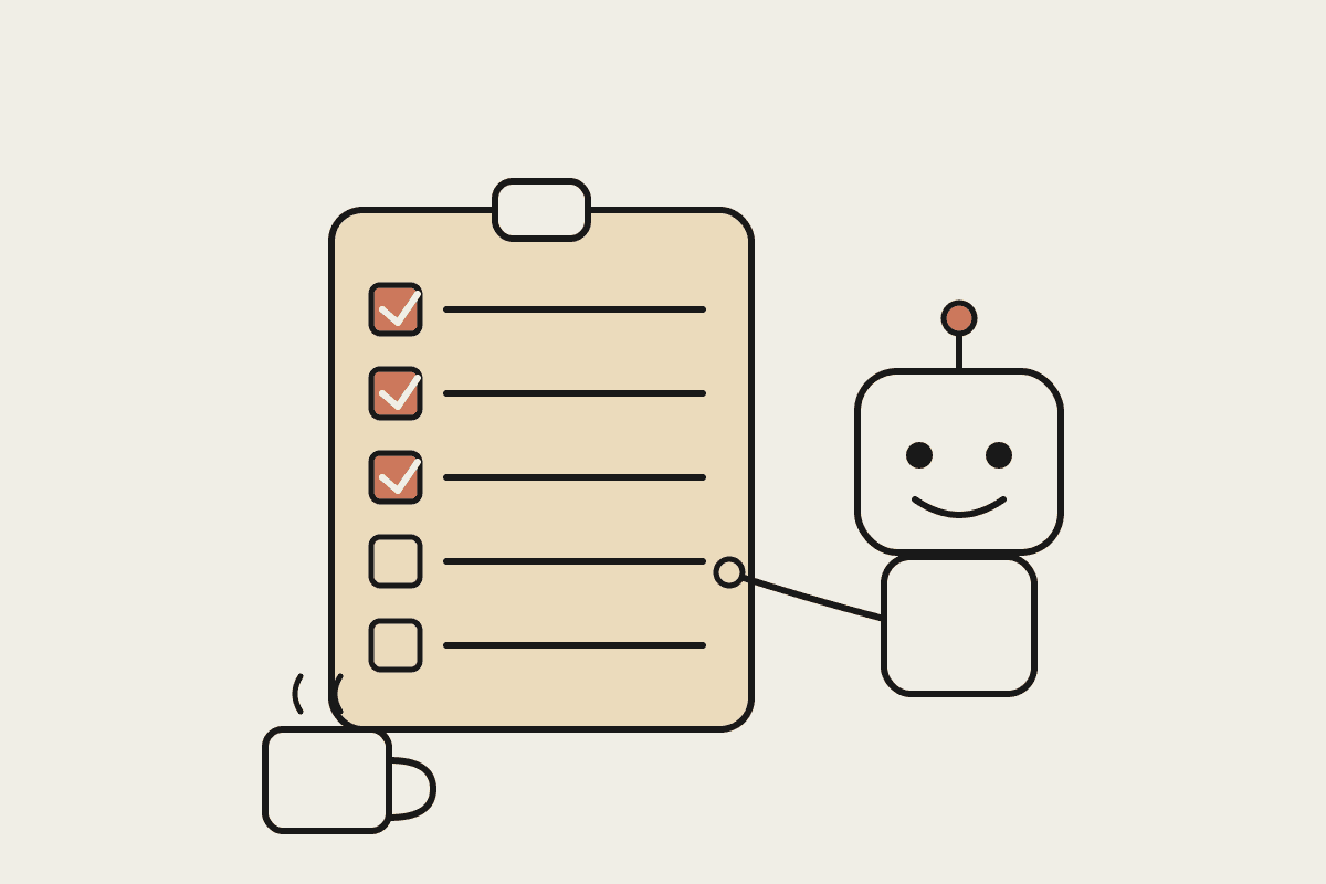 Notebook illustration of an office task checklist with the top items ticked off in terracotta, a friendly robot reaching to handle the list, and a coffee mug