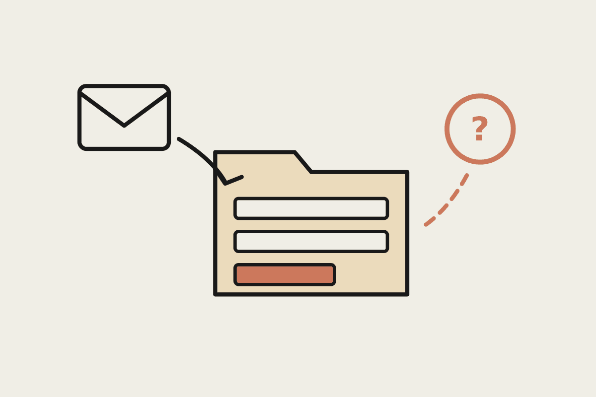 Notebook illustration of an open folder with documents flowing in from an envelope, one item still outstanding