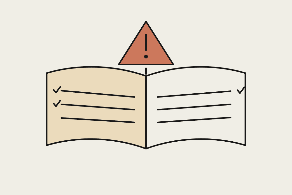 Notebook illustration of an open logbook with a terracotta near-miss warning being filed into it