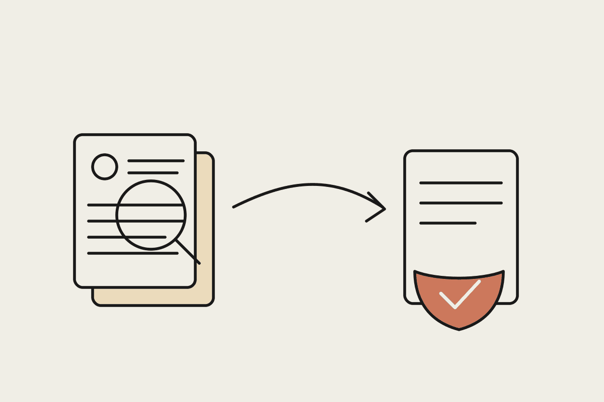 Notebook illustration of CVs passing through screening into a shortlist beside a compliance shield