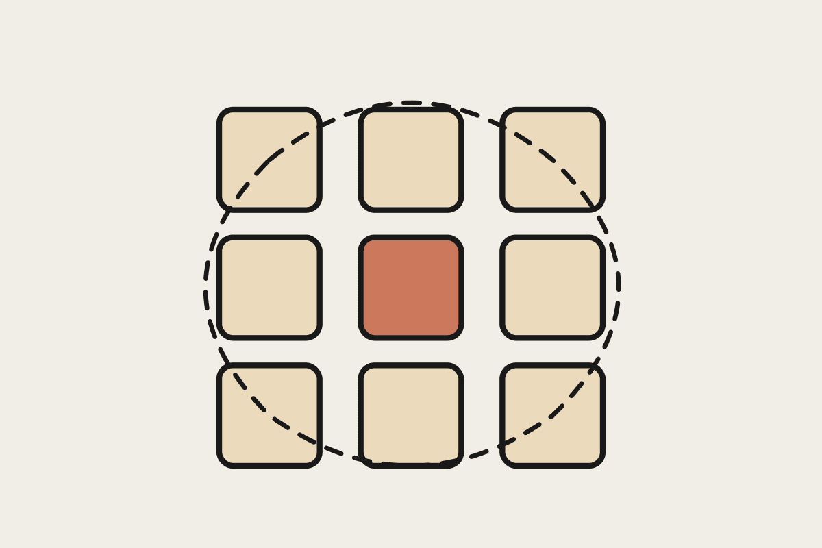 Notebook illustration of nine small tiles in a grid, one filled terracotta, connected by a looping ink line