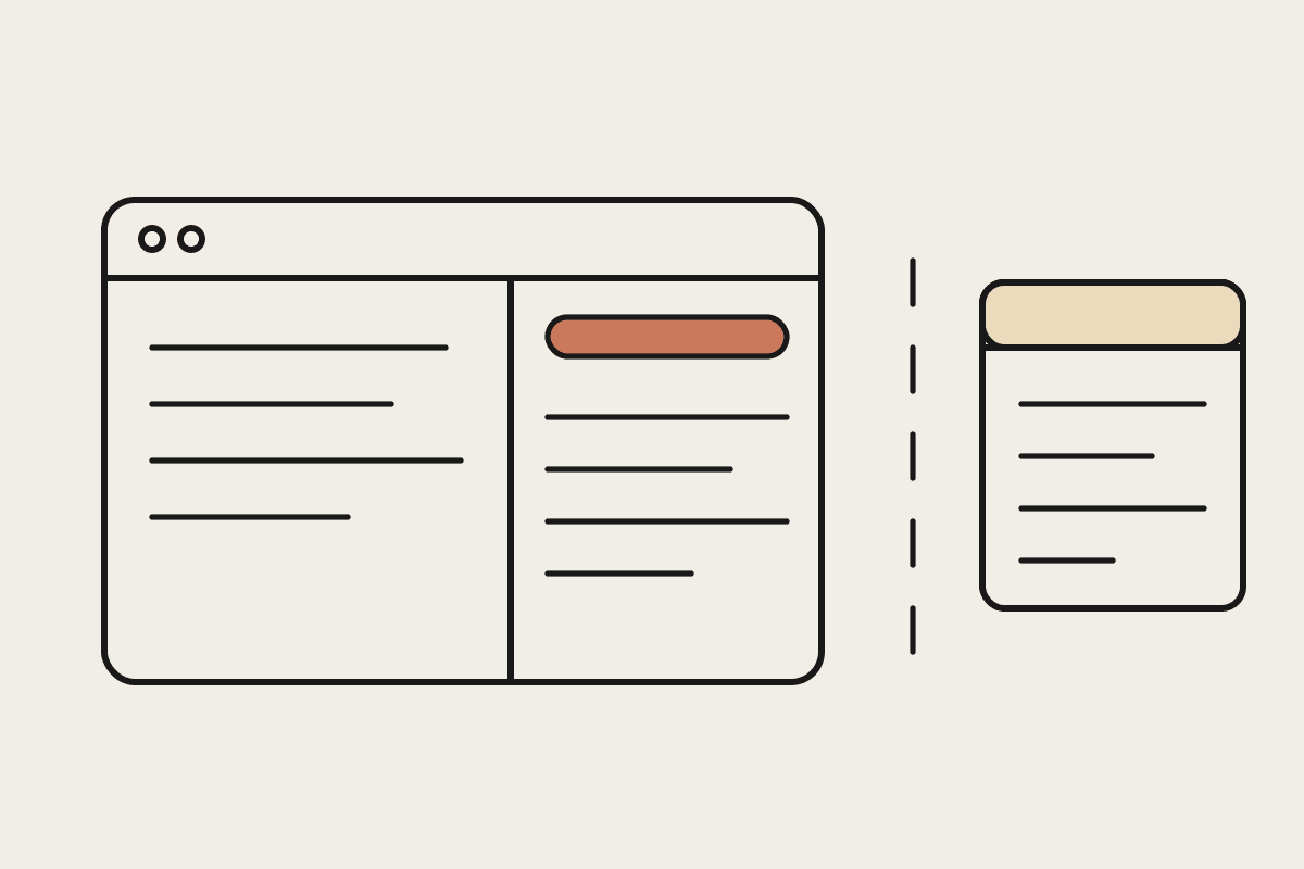 Notebook illustration of the Claude Cowork desktop app with a built-in browser panel opening beside the chat, and a separate personal browser window standing apart from it