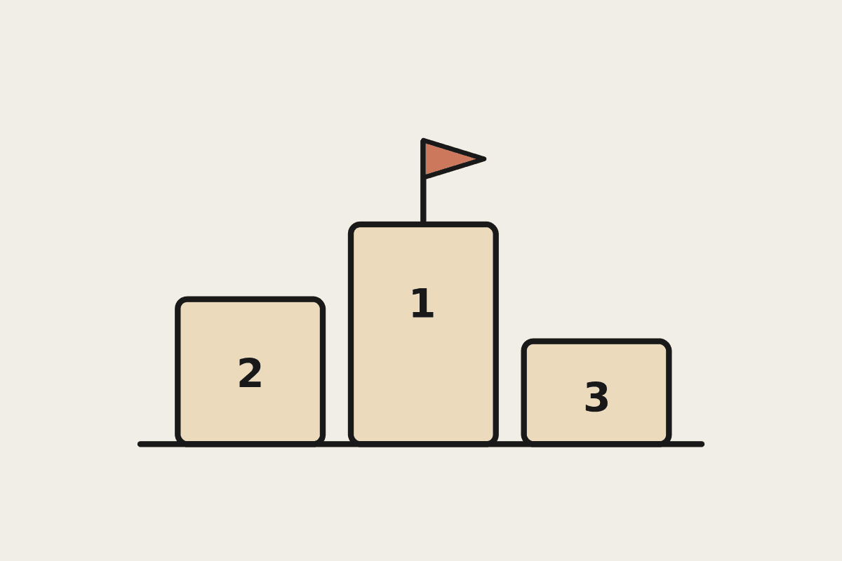 Notebook illustration of three podium columns of different heights, the tallest topped with a terracotta flag